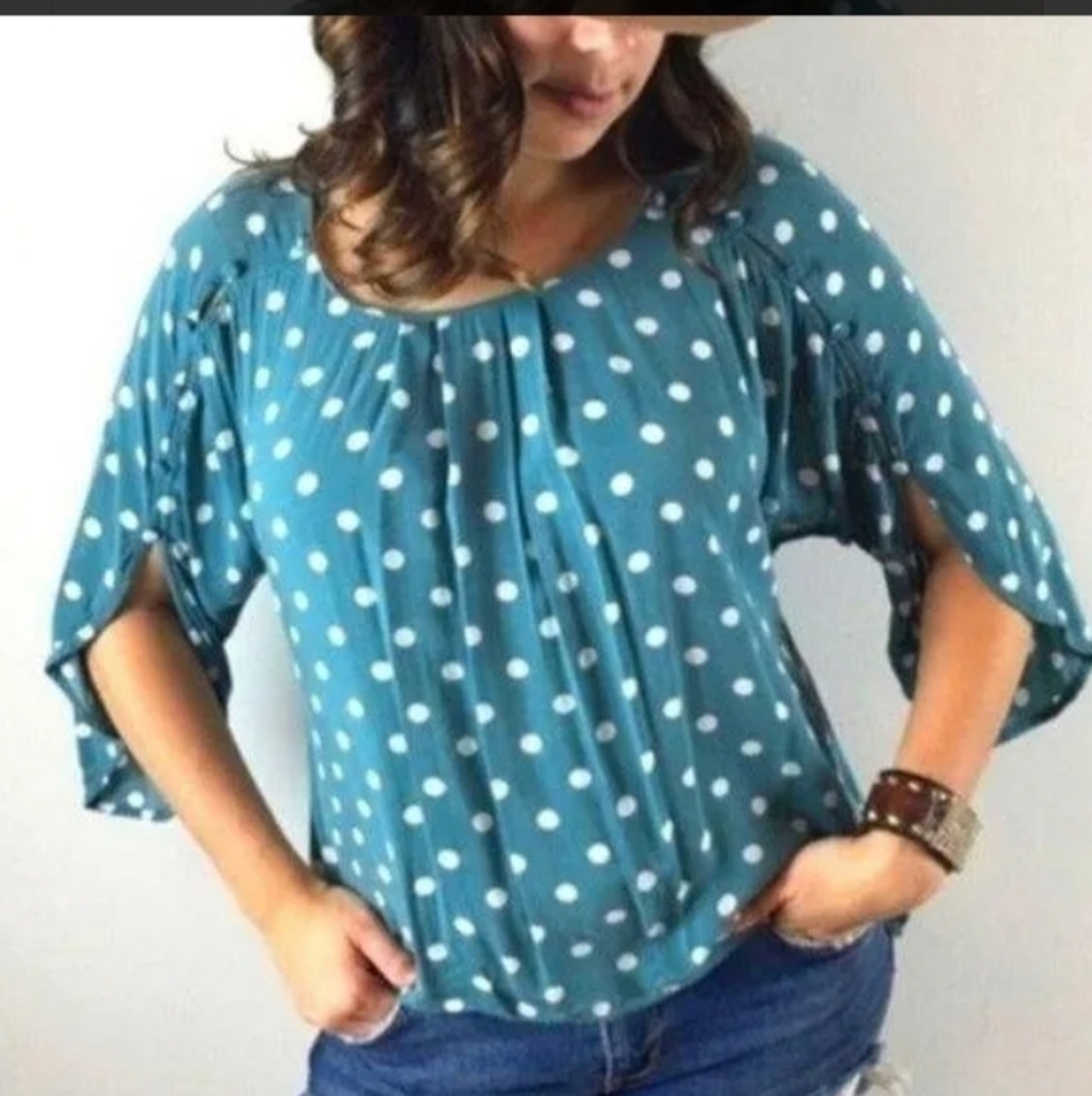 Anthropologie Maeve Blue and White Braxton Polka Dot Blouse Size Medium